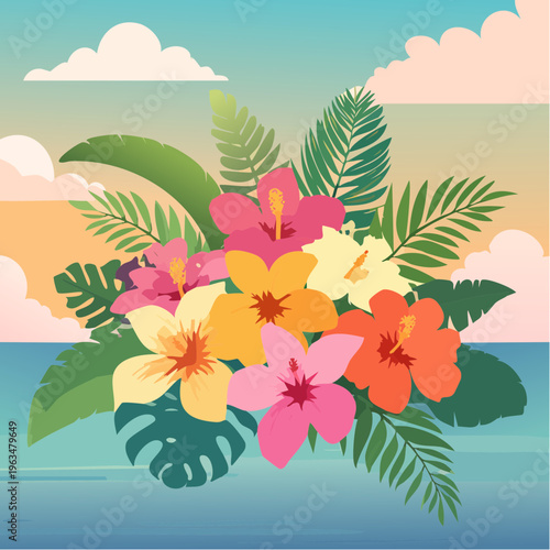 Bouquet tropical coloré sur fond de plage