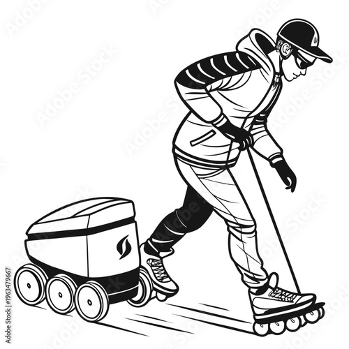 vector, illustration, skateboarder, man, cleaning, janitor, cart, monochrome