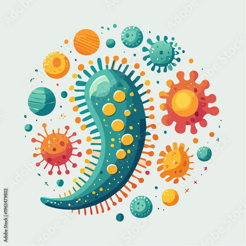 Illustration colorée de bactéries et micro‑organismes stylisés