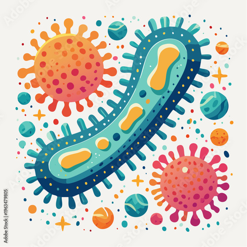 Illustration colorée de bactéries et micro‑organismes stylisés
