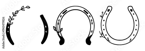 Minimalist vector line art of a horseshoe decorated with simple leafy sprigs and small dots. The design features clean black outlines against a solid white background in a centered composition. Thi...