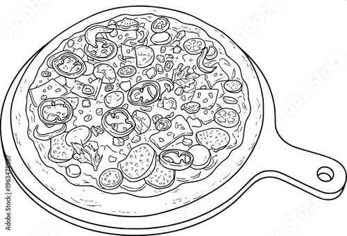 Hand Drawn Pizza with Toppings Wooden Board Line Isolated White food italian