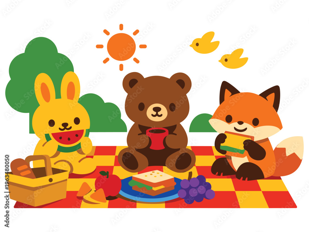 Naklejka premium Cute animals having a summer picnic on a blanket under bright sun.