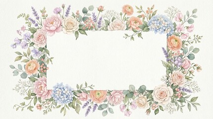 A floral arrangement decorates a blank frame with roses, hydrangeas, lavender, and eucalyptus on a plain surface.