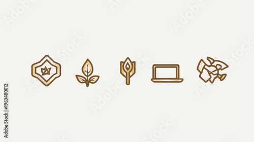A collection of simple, stylized icons, each with a brown and gold color scheme against a white background