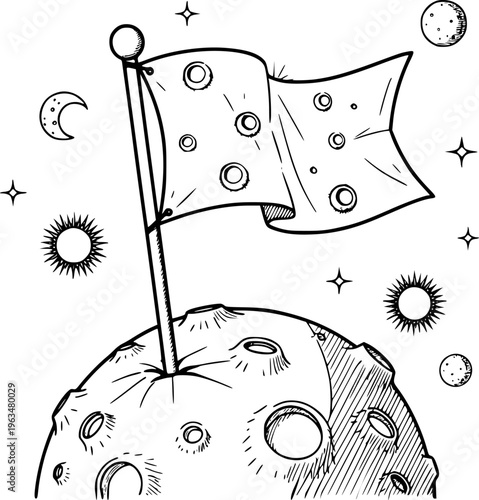 Hand Drawn Space Scene Moon Landing Flag With Stars Sun And Moon exploration