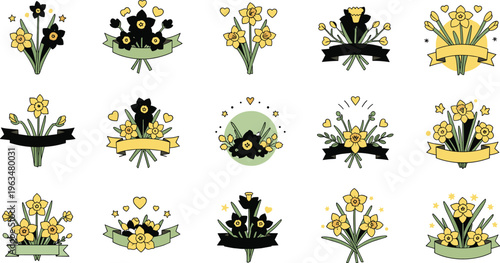 Daffodil bouquet arrangements collection with floral compositions spring flowers decorative bunches wedding and celebration design elements set