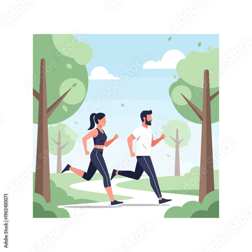 Couple jogging in park, healthy lifestyle.