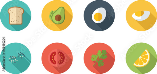 Flat design breakfast food icons set, 8 colorful vector elements for healthy meal planning, avocado toast and egg ingredients on round buttons