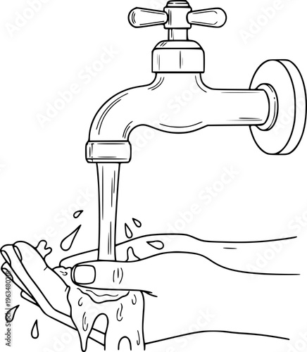 Hand washing under running water from a faucet with splashing droplets hygiene