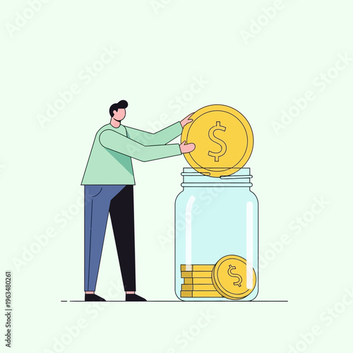 Man putting coin into jar for savings.