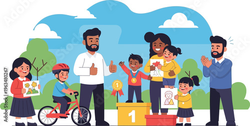 Children receiving awards and recognition during an outdoor community.