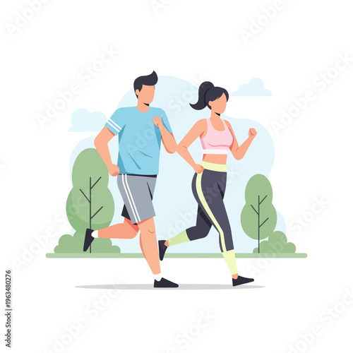 Couple jogging in park for healthy lifestyle.