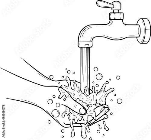 Hand washing under running water from a faucet with splashing water and bubbles hands