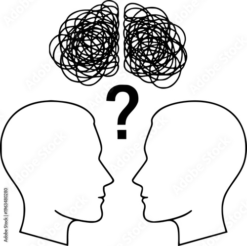 Heads facing each other with tangled brains and question mark symbolizing confusion and communication