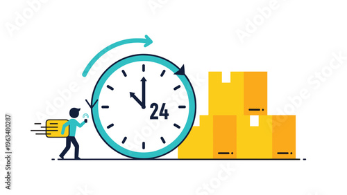 Express delivery service and 24-hour shipping concept with a person running with a package past a large clock and stack of boxes.