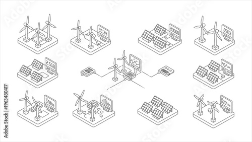Black and white isometric vector illustration set of renewable energy systems, including wind turbines, solar panels, and smart power grids