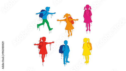 Colorful Children Ready for School: A collection of vibrant silhouettes depicting children, each colored uniquely, prepared with backpacks, ready to embark on the adventure of education.