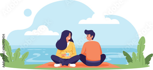 Two young people sit facing each other enjoying conversation during a.