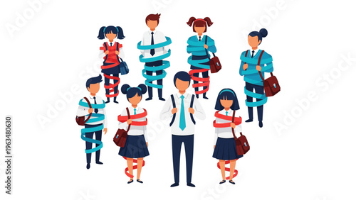 Entangled Students: A group of students is metaphorically bound by a twisted ribbon.