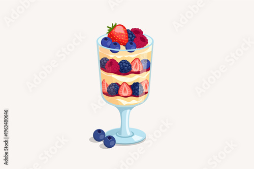 French berry tartlet with custard and fresh strawberries and blueberries vector.