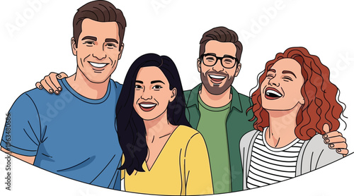 Four diverse friends stand closely together laughing heartily with genuine.