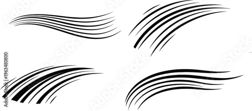 Abstract curved line wave set with flowing motion strokes. Dynamic swoosh lines representing speed, movement, and direction. Minimal black line elements for modern graphic and design projects. 