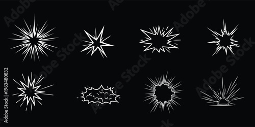 Starburst explosion shape set with sharp radiant rays. White abstract burst elements isolated on dark background. Dynamic graphic effects ideal for highlights, comics and creative design projects. 