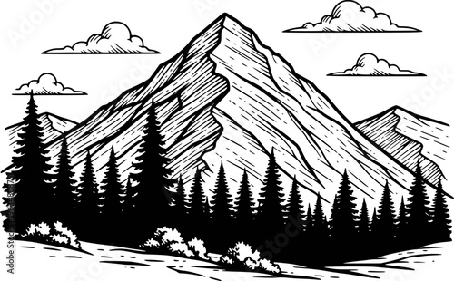Mountain Peak with Pine Forest and Clouds Hand Drawn trees
