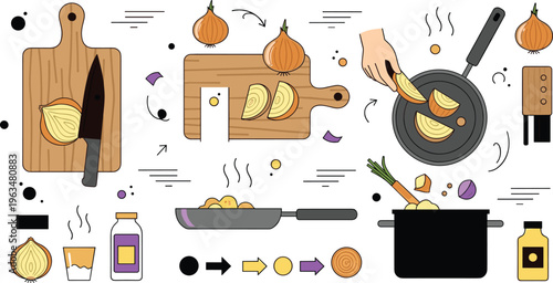 Onion cooking process icons set with chopping frying ingredients preparation kitchen tools and recipe steps culinary illustration