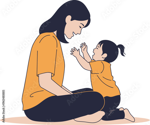 Mother happily plays with her delighted toddler child isolated on white.