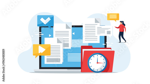 Digital document organization and time management concept featuring papers flying into a laptop and a red file folder with a clock.