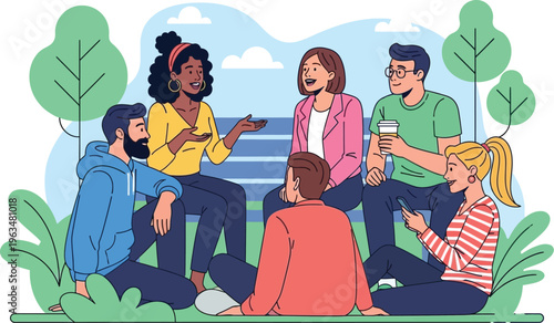 Diverse group of young adults talking casually while sitting outdoors on.