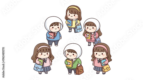 Circle of Students: Seven adorable students gather in a circle, their backpacks and books at the ready, ready to learn and grow, a symbol of youthful education and community