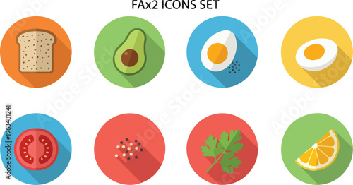 Flat breakfast food icons set, 8 colorful round culinary vector elements, healthy ingredients with long shadow, avocado and egg meal graphics