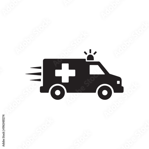 Simple black and white illustration of an ambulance with a flashing light