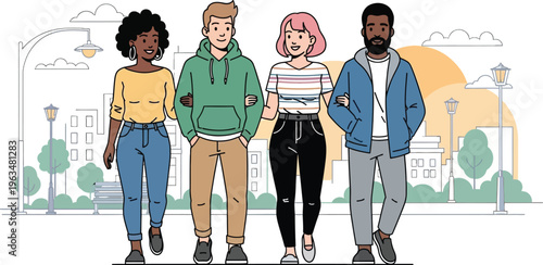 Diverse young friends confidently walk together arm in arm outside in a.