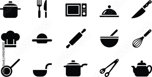 Black silhouette icon set of fourteen kitchen utensils and cooking tools, chef hat, serving tray, pot, pan, whisk vector illustration