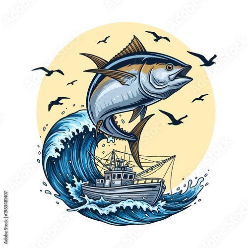 Yellowfin tuna jumping over fishing boat in ocean waves with sunset background vintage vector style