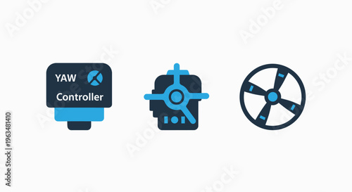 Aircraft yaw controller, drone motor, and propeller icons for aviation technology, aerospace engineering, and drone systems, mechanical engineering