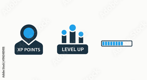 Game icons: xp points, level up indicator, and progress bar for gaming, achievement, and skill progression, experience points
