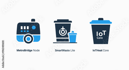 Icons for smart trash bin, network bridge, and iot device, illustrating smart city technology and waste management solutions