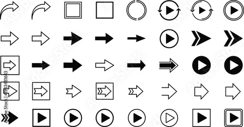 Arrows and Play Button Icon Set Featuring Directional Pointers and Media Navigation Symbols Isolated on White Background for Web Design Interface