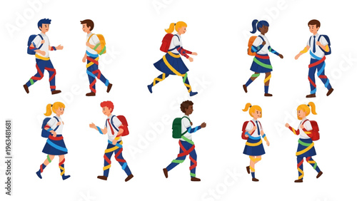 Schoolchildren's Journey: A vibrant group of schoolchildren embarking on a day of learning, each with a backpack, stepping towards a future of knowledge and camaraderie.