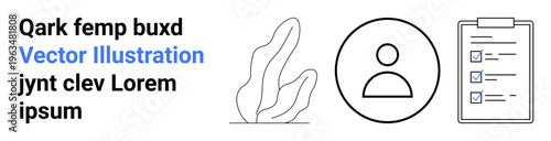 User management, identity verification, task organization, productivity, personal profiles, project planning. Abstract leaf, profile outline clipboard with checklist. User management and task