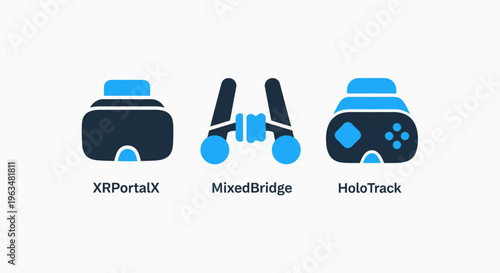 Extended reality icons featuring virtual reality headsets, mixed reality devices, and immersive gaming technology