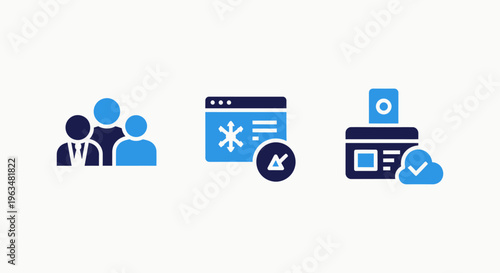 Teamwork, technology and cloud integration icons representing business collaboration, digital solutions and modern data management for corporate success and innovation