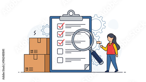 Warehouse inventory management and quality control concept with a clipboard checklist, boxes, and a person using a barcode scanner.