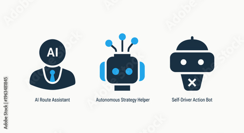 Artificial intelligence and automation icons depicting human interaction with technology, AI bots, and digital assistants for future technology and business solutions