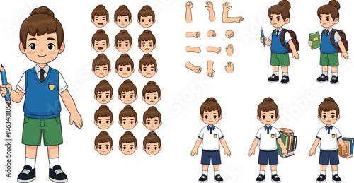 Cartoon Schoolboy Character Set with Various Poses, Expressions, and School Supplies for Educational Illustrations